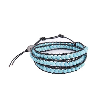 Handmade Alloy Leather Natural Stone Bead Statement Bracelet Bangle Cuff Rope 3 Wrap Adjustable Jewelry Collection - color: BlueTurquoise& 3Wrap Black Leather Cord