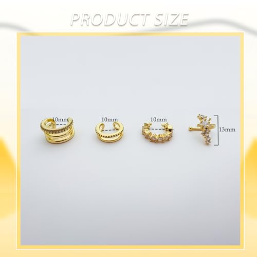 Ear Cuffs Non-Piercing Earrings for Women Cute Clip-On Cartilage Earring | 14k Gold Plated Ear Cuff for Non Pierced Ears Dainty Adjustable Fake Piercings Earings Set - style: 4