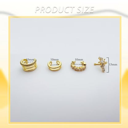 Ear Cuffs Non-Piercing Earrings for Women Cute Clip-On Cartilage Earring | 14k Gold Plated Ear Cuff for Non Pierced Ears Dainty Adjustable Fake Piercings Earings Set - style: 4