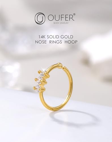 OUFER 14K Solid Gold Nose Rings Hoops, 20G Hoop Nose Rings for Women, Clear CZ Nose Piercing Jewely, Seamless Open Cartilage Helix Earrings