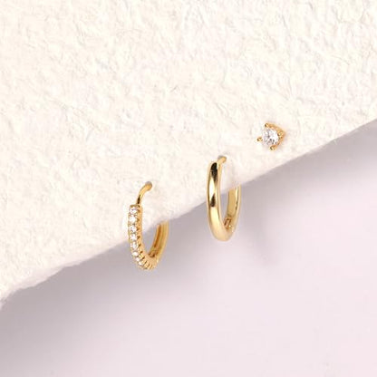 Sterling Silver Earrings Stacks for Women, Hypoallergenic Cartilage Earring | Dainty Stud Huggie Hoop Dangle Chain Earrings, 14K Gold/White Gold Plated - color: 3Pairs-Gold Stud Hoops Set