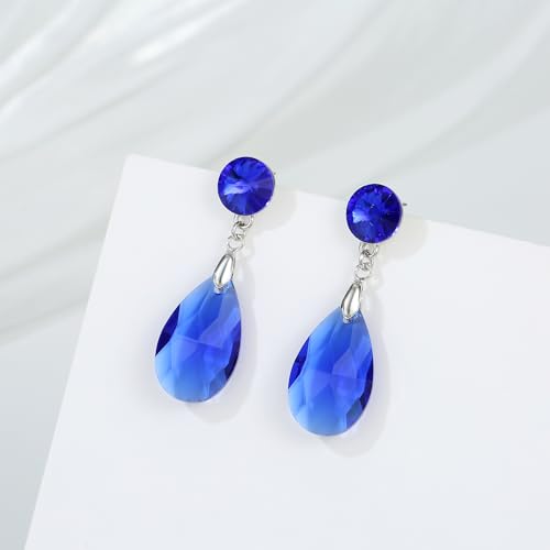 Round and Teardrop Crystal Stud Dangle Earrings Hypoallergenic Gold Plated Birthstone Drop Earrings Trendy Evening Prom Pageant Jewelry Gift for Women - color: sapphire blue