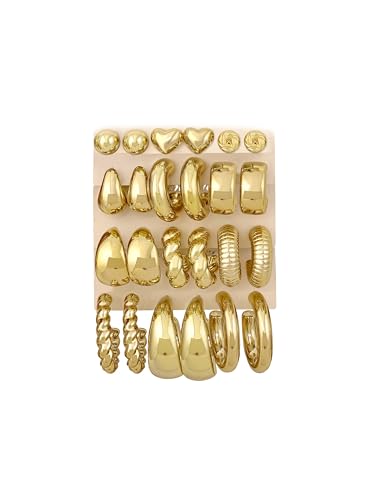 12 Pairs Chunky Gold Hoop Earrings for Women Trendy, Gold Plated Lightweight Hypoallergenic Stack, Thick Open Twisted Huggie Hoops Earring Set - color: 12 Pairs Gold Chunky