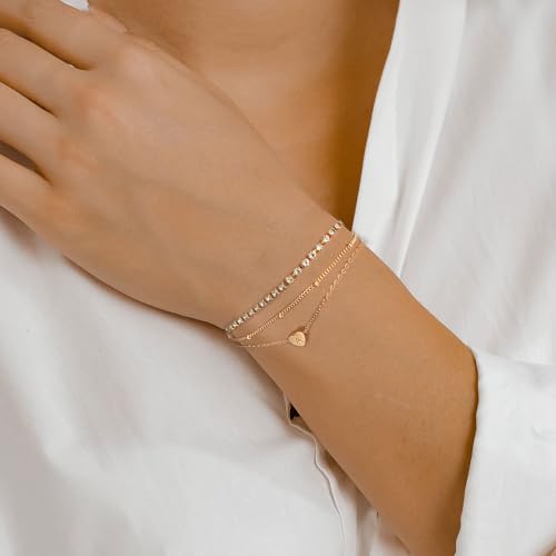 YANODA Gold Initial Bracelets for Women, 14K Gold Plated Bracelet Sets Trendy Gold Bracelet Stack Dainty Heart Letter Initial Bracelets Adjustable Tennis Bracelets Personalized Jewelry for Women - color: L