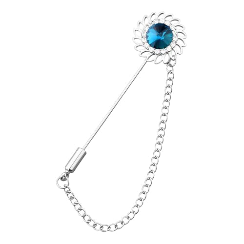 Mens Sunflower Lapel Pin Crystal Rhinestone Brooches for Men Hanging Chain Brooch Suit Pin Flower Lapel Pins for Men Wedding Business Party - color: Peacock Blue-J