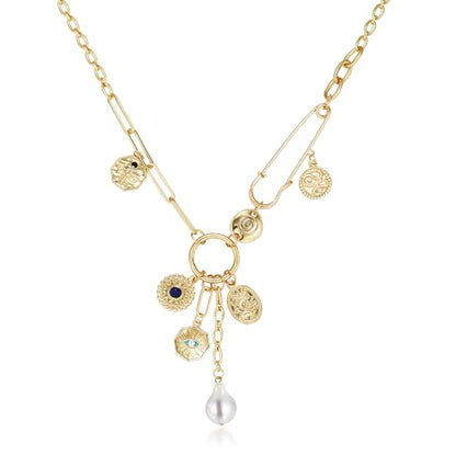 Charm Necklace for Women Gold Evil Eye Sun Moon Flower Coin Pendant Necklace Dainty Paperclip Chain Vintage Luck Amulet Choker Necklaces Celestial Jewelry Gift - style: Evil Eye,Pearl,Blue Bead