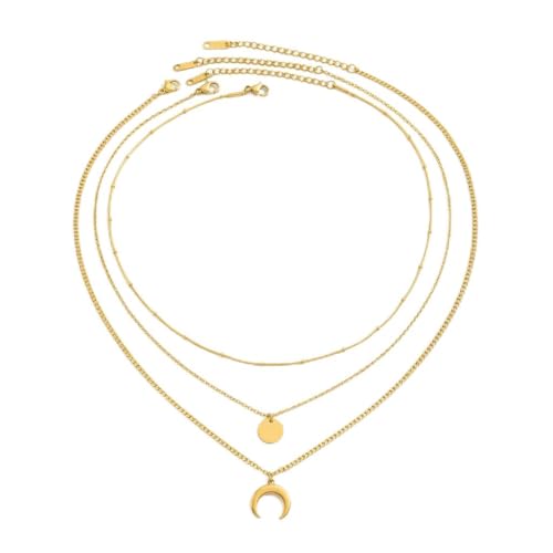 18K Gold Plated Layered Herringbone Necklaces for Women Dainty Layering Beaded Snake Chain Choker Moon Coin Pendant Necklace Trendy Stainless Steel Jewelry - color: Trible Moon Coin-Gold