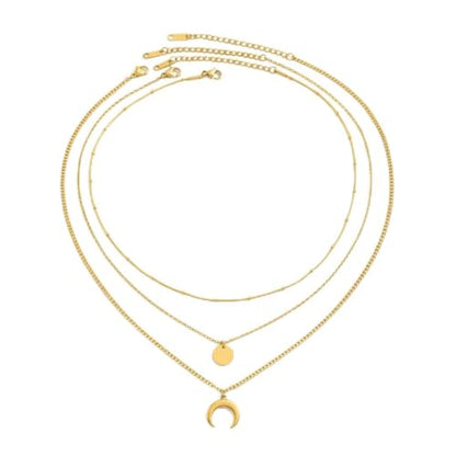 18K Gold Plated Layered Herringbone Necklaces for Women Dainty Layering Beaded Snake Chain Choker Moon Coin Pendant Necklace Trendy Stainless Steel Jewelry - color: Trible Moon Coin-Gold