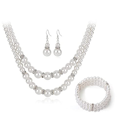 COLORFUL BLING 1920s Classic Faux Pearls Necklace Multi-Layer Strand Bracelet Dangle Earrings Set Beads Accessories Wedding Costume Party Jewelry for Women - color: White 1