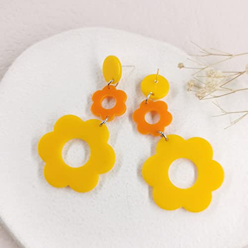 Handmade Acrylic Flower Earrings - Bohemian Double Daisy Drop Resin Flowers Dangle Earrings for Women Girls 70s 80s Party Accessories - color: orange+yellow