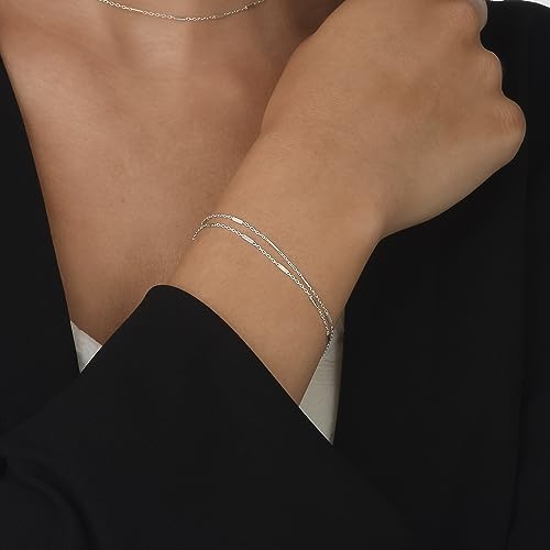 925 Sterling Silver Double Layered Bracelet, Length 6.5-7.5 Inches, Chain Bracelets for Women, Waterproof Minimalist Women's Jewelry (Satellite Bar Chains)