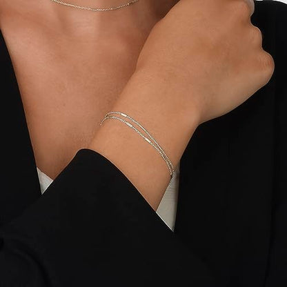 925 Sterling Silver Double Layered Bracelet, Length 6.5-7.5 Inches, Chain Bracelets for Women, Waterproof Minimalist Women's Jewelry (Satellite Bar Chains)