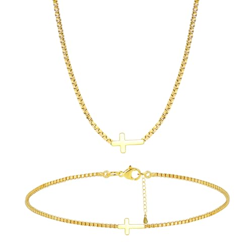 Gold Jewelry Set for Women，Cross Necklace Bracelet for Women, Dainty Gold Choker Necklace Box Link Bracelet Wedding Jewelry for Bride Accessories - color: gold