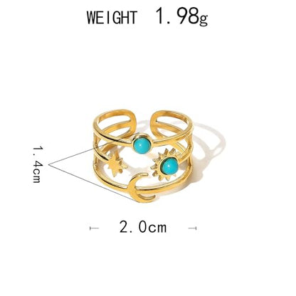 Todenb Turquoise Ring for Women，Gold Western Turquoise Open Ring Boho Stainless Steel Moon and Star Band Wrap Knuckle Rings Western Country Fashion Jewelry Accessories - color: two circle