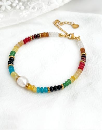Gemstone Beaded Bracelets with Freshwater Pearl | Crystal Beaded Bracelet Boho Natural Stone Trendy Jewelry Gifts - color: Multi