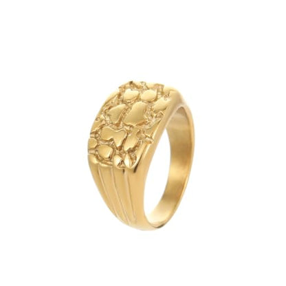 Gold Plated Nugget Ring for Men & Women – Stainless Steel Chunky Hip Hop Rings - Hypoallergenic Unisex Jewelry – US Size 5-13 – Gift Box Included - color: Gold
