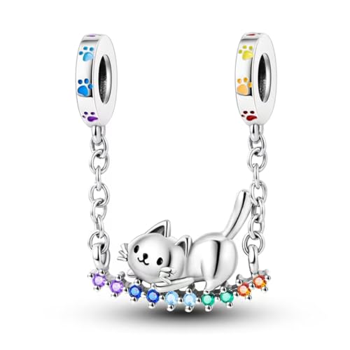 925 Sterling Silver Charms for Bracelets and Necklaces Lipstick and Perfume High Heels Dangle Pendants Heart Butterfly Bead Charms Halloween Christmas Gift for Womens - style: Cat Safety Chain