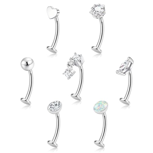 ORAZIO 7 Pcs Belly Button Ring Surgical Steel Hypoallergenic Floating Belly Button Rings for Women Flat Back CZ Opal Internally Threaded Long Bar Navel Piercing Jewelry 14G Gold Silver Tone - color: Silver Tone, size: 12mm