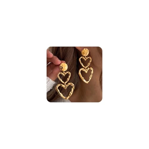 Gold Heart Dangle Pleated Earrings for Women Vintage Double Love Shaped Hammered Dangly Earring Fashion Irregular Heart Statement Studs Jewelry - color: Gold