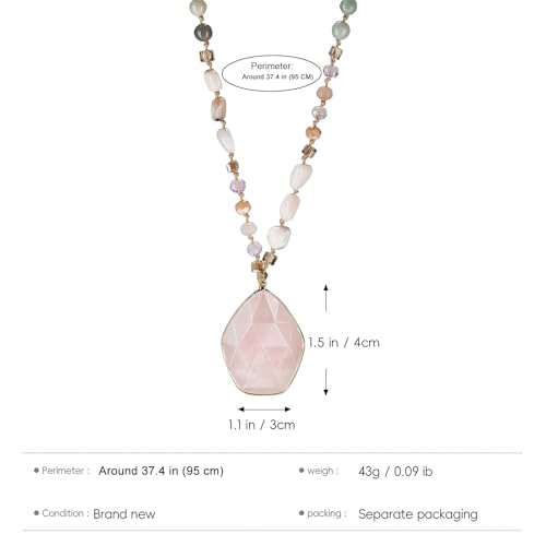 Long Necklaces for Women Boho, Oval Waterdrop Turquoise Pendant, Natural Stone Beaded, Handmade,Vintage & Elegance, Boho Fashion Charm Beaded Necklace for Women - style: F-PinkQuartz Pendant