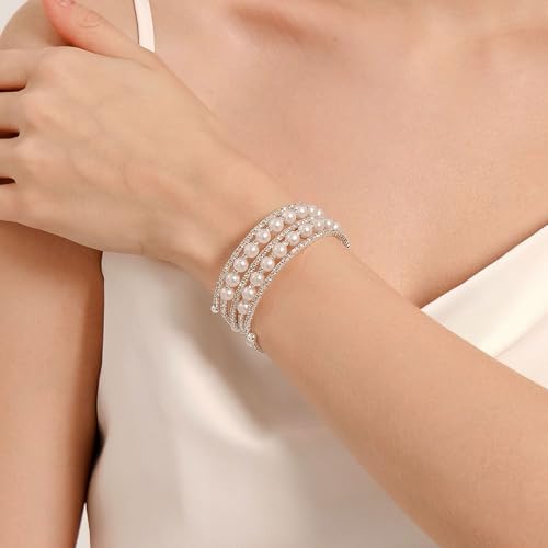 Pearl Stretch Cuff Bracelet for Women Adjustable Multilaye Rhinestone Crystal Bracelet Wedding Party Brides Bridesmaid Jewelry - color: A style