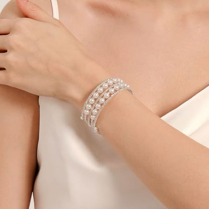 Pearl Stretch Cuff Bracelet for Women Adjustable Multilaye Rhinestone Crystal Bracelet Wedding Party Brides Bridesmaid Jewelry - color: A style