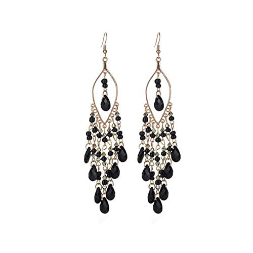 Essencedelight Crystal Beaded Tassel Earring Long Beaded Dangle Earring Fringe Hook Earring for Women Bridal Wedding - color: black