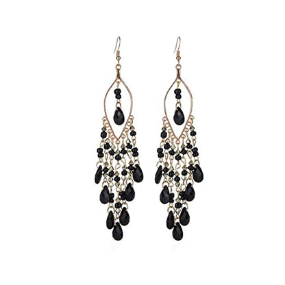 Essencedelight Crystal Beaded Tassel Earring Long Beaded Dangle Earring Fringe Hook Earring for Women Bridal Wedding - color: black