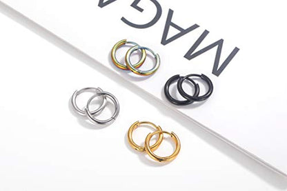 Black Hoop Earrings for Men 8mm 10mm 12mm – Surgical Stainless Steel Hypoallergenic Mens Small to Medium Hoop Earrings Set (3 Pairs) - style: B:4pairs,10mm,black+steel+rainbow+gold