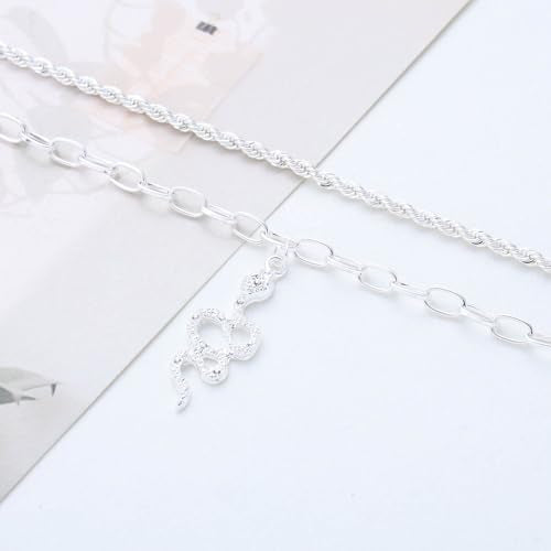 Boho Layered Snake Anklet Bracelet Gold Snake Dangle Ankle Bracelets Chunky Paperclip Chain Anklet Punk Double Layer Anklets Foot Chain Jewelry for Women - color: Silver