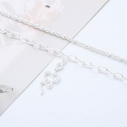 Boho Layered Snake Anklet Bracelet Gold Snake Dangle Ankle Bracelets Chunky Paperclip Chain Anklet Punk Double Layer Anklets Foot Chain Jewelry for Women - color: Silver