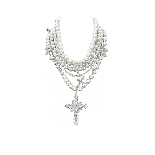 Layered Pearl Necklace Gothic Cross Pearl Stacked Necklace for Women | Statement Chunky Silver Choker Necklace