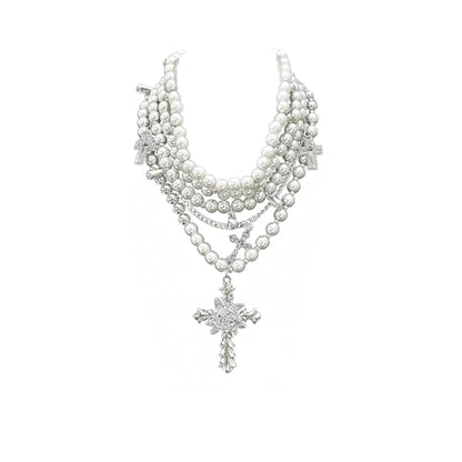 Layered Pearl Necklace Gothic Cross Pearl Stacked Necklace for Women | Statement Chunky Silver Choker Necklace
