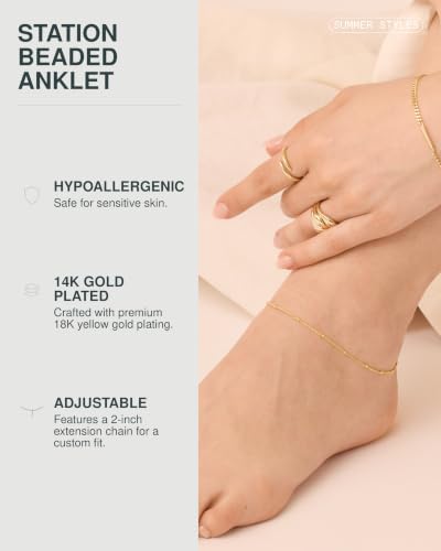 PAVOI 14K Gold Plated Chain Anklets for Women - Minimalist Link Chain Ankle Bracelet - Dainty Gold Anklets for Women - Trendy Summer Beach Jewelry Gifts - Snake, Figaro, Mariner, Paperclip, Beaded - style: Beaded