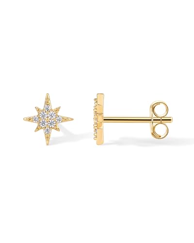 PAVOI 14K Gold Plated Dainty Stud Earrings for Women, CZ Earring Piercing | Hypoallergenic Earrings with 925 Sterling Silver Posts, Bolt, Moon, Star & Flower Celestial Studs with Cubic Zirconia - style: North Star