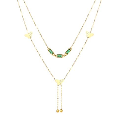 Emerald Cut Y Shaped Necklace for Women 18K Gold Plated Double Layered Y Lariat Necklace Jewelry Gift - color: Style11-Green