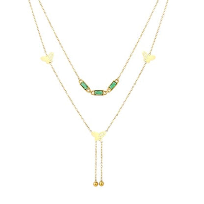 Emerald Cut Y Shaped Necklace for Women 18K Gold Plated Double Layered Y Lariat Necklace Jewelry Gift - color: Style11-Green