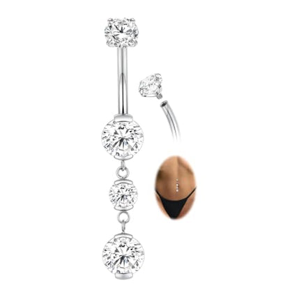 GAGABODY G23 Titanium Dangly Belly Button Ring Long Belly Rings Belly Piercing Jewelry 14G 3/8 inch 10mm Navel Barbell CZ Navel Piercing Ring - color: Style3:Silver+Dangle Round Shape Clear CZ