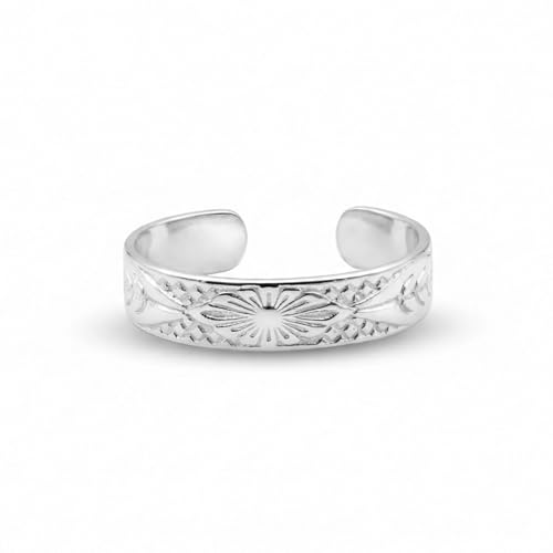 Sterling Silver Toe Ring, Adjustable Open Band, Handmade | Fits Toe, Knuckle or Pinky Ring | One Size Fits Most | Comfortable to Wear | Minimalist Style | Water Resistant - style: Floral Shiny Band