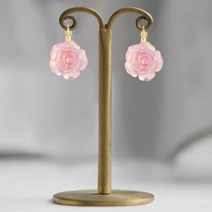 Handmade Bohemian Aesthetic Dainty Acrylic Flower Petal Leverback Earrings Sparkly 14K Gold Floral Dangle Drop Earrings for Women - color: Light Pink
