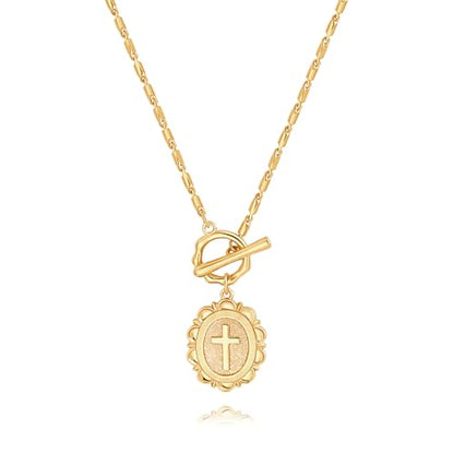 SOFYBJA Saint Benedict Necklace Drop 18K Gold Toggle Medallion Coin Cross Pendant Necklaces Religious Jewelry Catholic Gift for Women - color: Gold Cross Flower