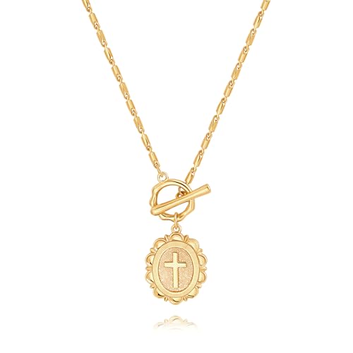 SOFYBJA Saint Benedict Necklace Drop 18K Gold Toggle Medallion Coin Cross Pendant Necklaces Religious Jewelry Catholic Gift for Women