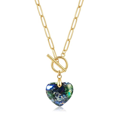 Puff Heart Healing Stone Necklace for Women, 14K Gold Plated Choker Paperclip Stainless Steel Chain, Colorful Natural Stone Boho Necklace Jewelry Gift for Women - color: Blue Stone-Gold