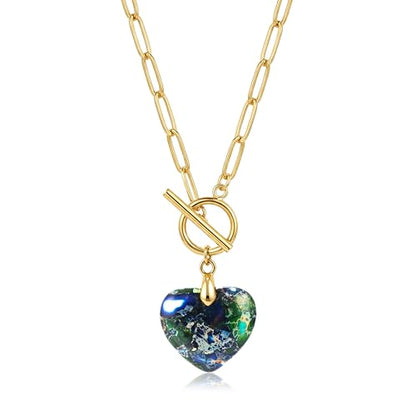 Puff Heart Healing Stone Necklace for Women, 14K Gold Plated Choker Paperclip Stainless Steel Chain, Colorful Natural Stone Boho Necklace Jewelry Gift for Women - color: Blue Stone-Gold