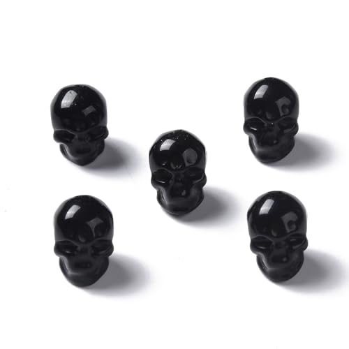 Elecrelive 5Pcs Gemstone Carved Skull Beads Black Obsidian Stone Halloween | Skeleton Head Beads for Halloween Necklace Bracelets Earrings Jewelry Making - color: Black