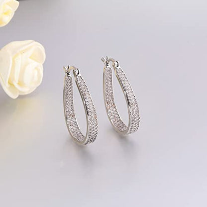 925 Sterling Silver Post Hoop Earrings for Women Gilrs Multcolors Cubic Zircon Hoops 14K Gold Plated Oval Chunky Hoop Earrings Jewelry Gift for Mothers Day/July 4th/Wedding/Party/Christmas - color: White