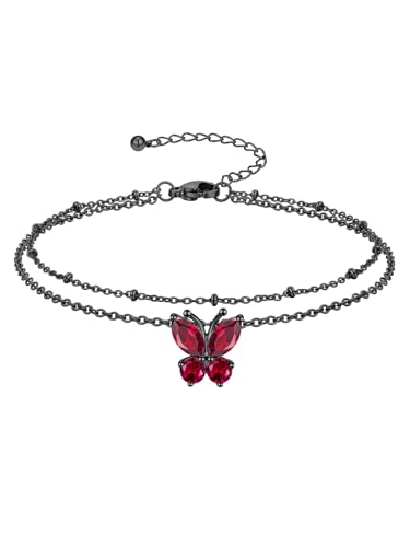 Richsteel Double Layer Heart/Butterfly Birthstone Anklet for Women | Non Tarnish Waterproof, Silver/Gold/Black Stainless Steel 8.5-10.5 Inch Adjustable Chain Anklets Summer Beach Foot Jewelry - color: Black Butterfly-07 Jul.(Ruby)