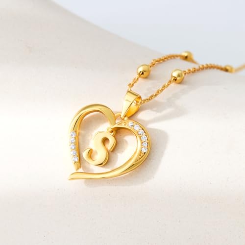 Cicy Bell Womens Heart Initial Necklace 18k Gold Plated | Personalized Letter Pendant, 17.7'' with 2'' Extender - color: Style 2-S-Gold
