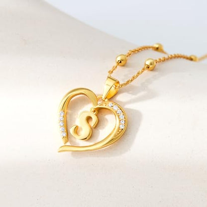 Cicy Bell Womens Heart Initial Necklace 18k Gold Plated | Personalized Letter Pendant, 17.7'' with 2'' Extender - color: Style 2-S-Gold