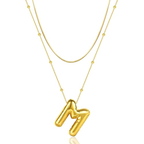 LUCA SMITH 2-Piece Initial Necklaces for Women, Dainty Balloon Bubble A-Z Letter Necklace Set, Name Letter Alphabet Pendant Layered Choker Necklaces Personalized Jewelry Gift - color: Gold bubble letter necklace, style: Initial Set-M